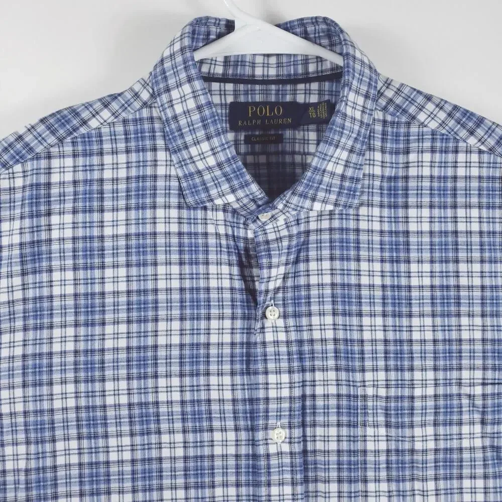 Polo Ralph Lauren Shirt Men XL Blue White Plaid Classic Fit Long Sleeve